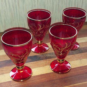 Sold Not On Here! Vintage 4 Brushed Gold Murano Ruby Red Cordial Glasses